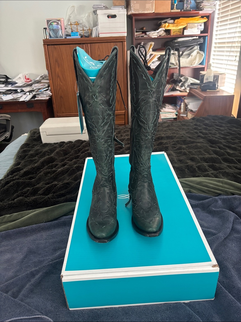 Dark Teal Embroidered Over-the-Knee Women's Boots